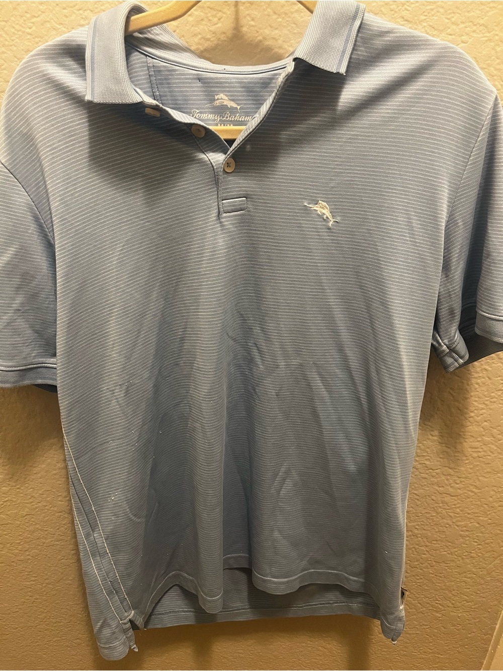 Tommy Bahama Polo Shirt Mens Medium Blue Micro Stripe Short Sleeve Marlin Logo